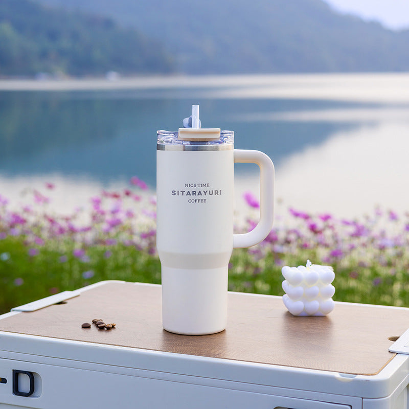 SYURI Thermos Cup Large Capacity Suction Tube Cup High Color Value Water Cup Office Cold Cup Portable Car Handle Cup